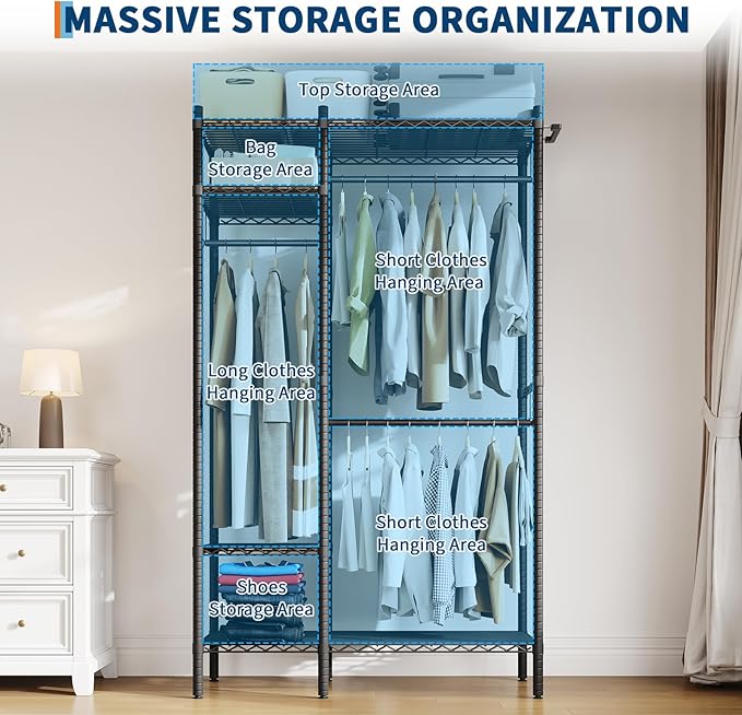 Clothing Racks for Hanging Clothes,Heavy Duty Clothes Rack with Shelves,Portable Closet Racks 4 Tiers Freestanding Closet Wardrobe System, Max Load 850 LBS