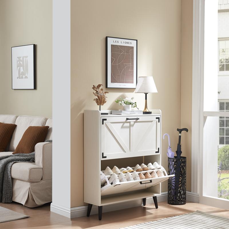 Farmhouse Shoe Storage Cabinet with 2-4 Flip Drawers & Barn Door Design - Freestanding Slim Narrow Shoe Organizer for Entryway, Foyer & Hallway