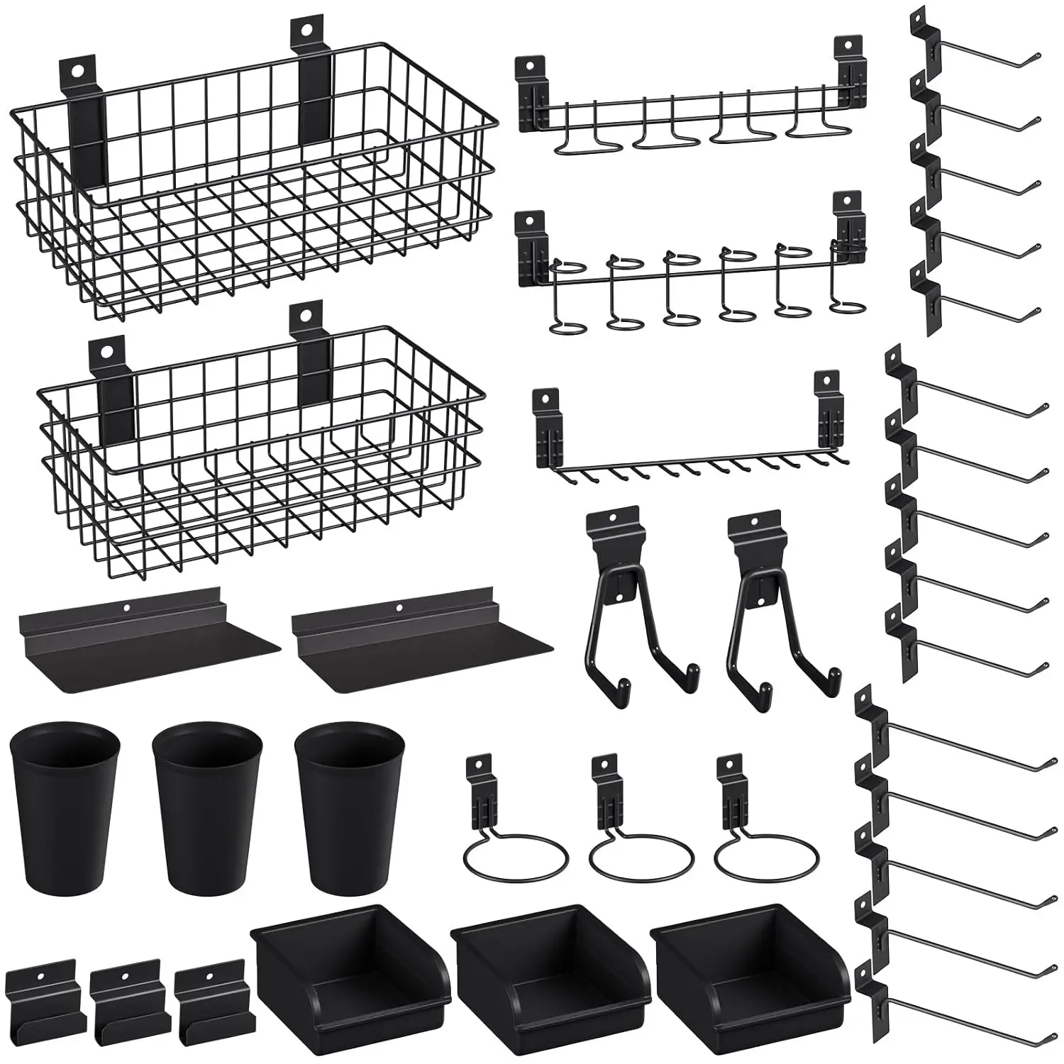 30PCS Slatwall Accessories Set with Slatwall Baskets, Slatwall Hooks, Slatwall Shelves, Slatwall Bins, Slatwall Cups, Heavy Duty Slat Wall Accessory for Garage Room Shop Organizing Display