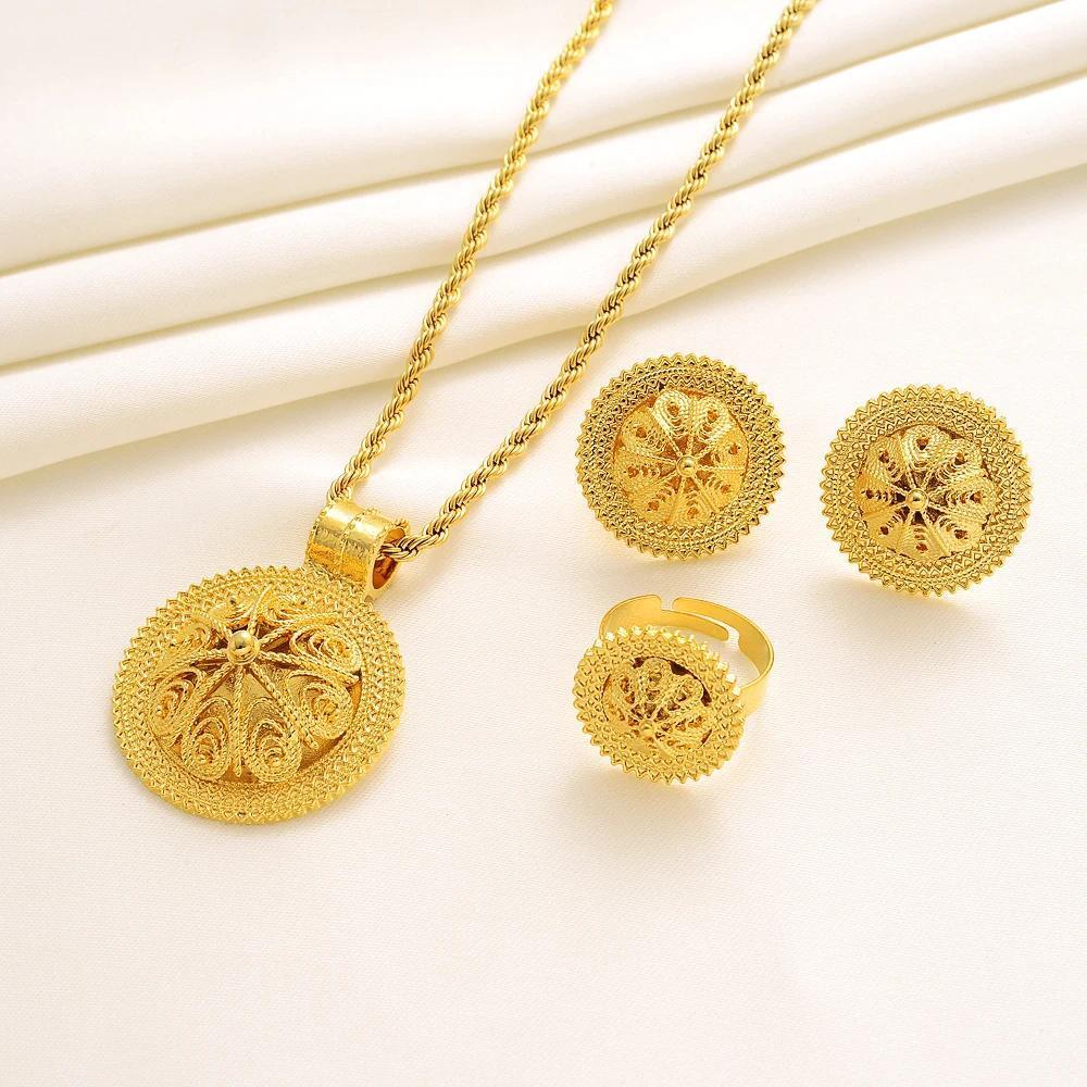 24K Gold Plated Fashion Ethiopian Earrings/Pendant/Ring Jewelry Sets Gold Plate Africa Bride Wedding Eritrea Set Gift