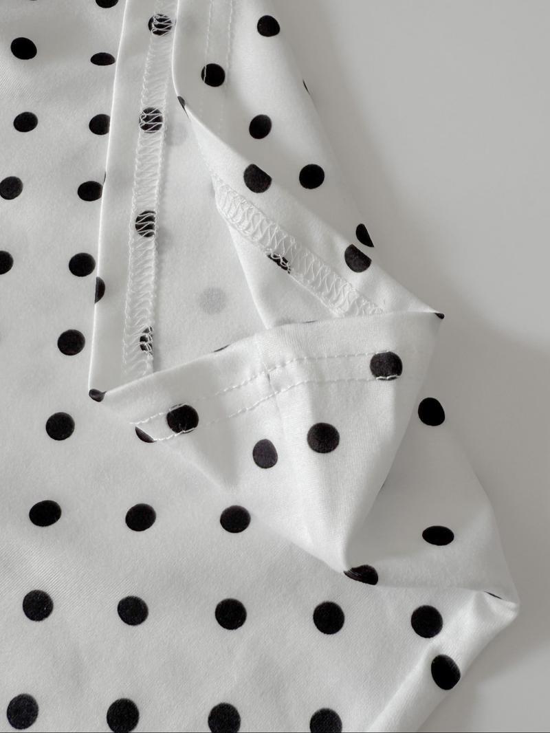 Women Polka Dot Top Long Sleeve Blouse Slim Fit Shirt Stretch Knit Top White Dot Print Top Retro Style Blouse Casual Daily Wear Minimalist Round Neck Tee Soft Cotton Top Elegant Office Wear Classic Dot Pattern Fitted Long Sleeve Top Womenswear