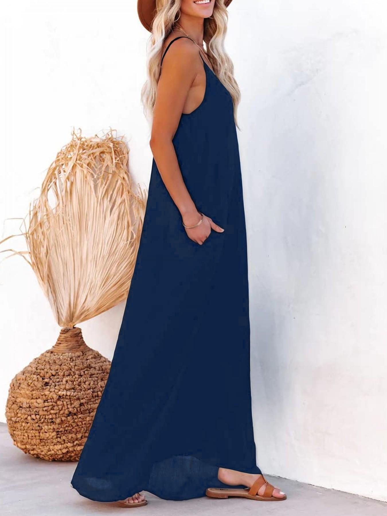 Women's Casual Minimalist Sleeveless Maxi Dress, Loose-Fitting Beachwear, Side Pockets Design, Perfect for Home & Outdoor Use