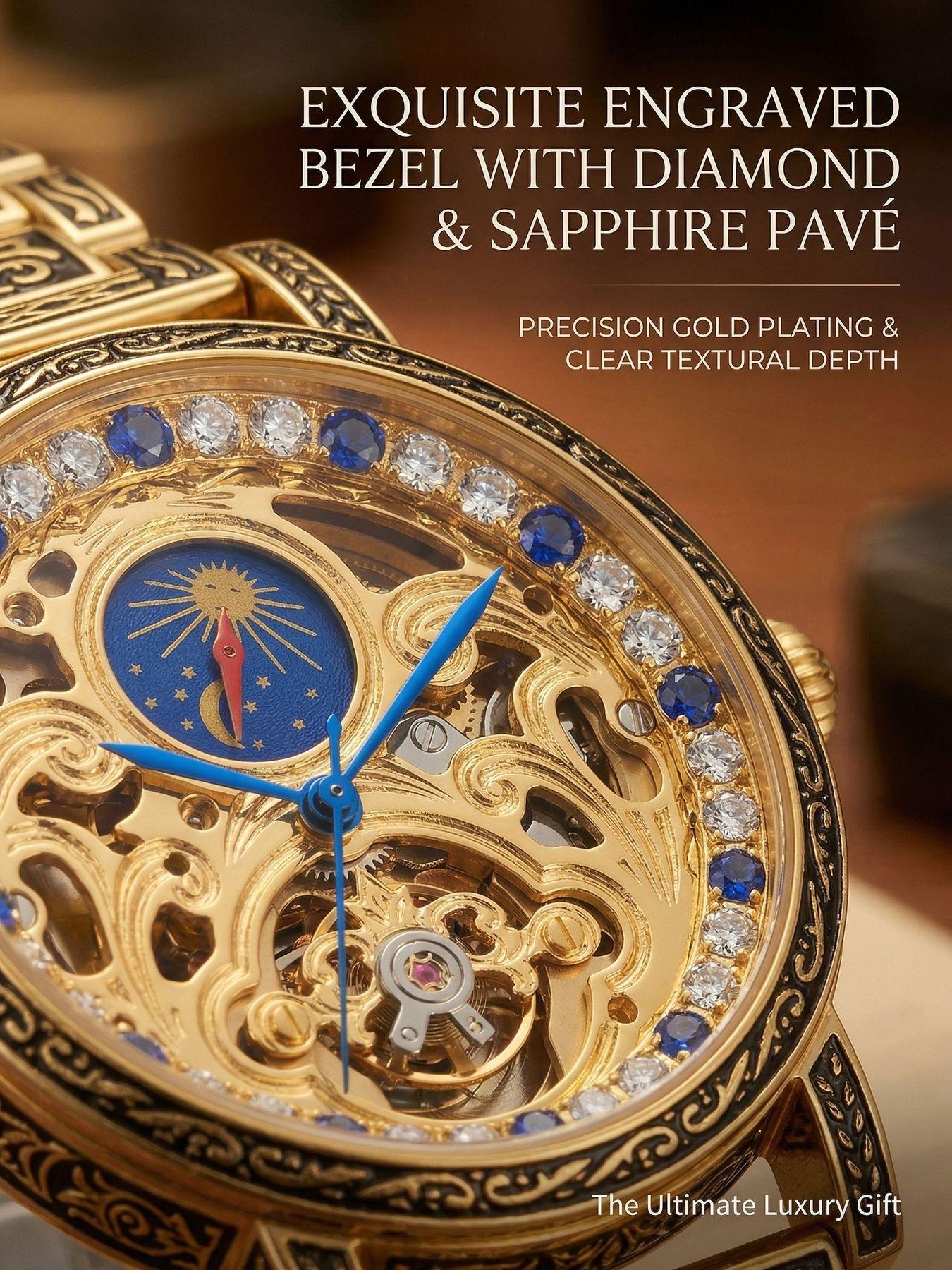 A men's luxurious gold openwork vintage engraved moon-phase large dial trend-forward and fashionable fully automatic mechanical wristwatch
