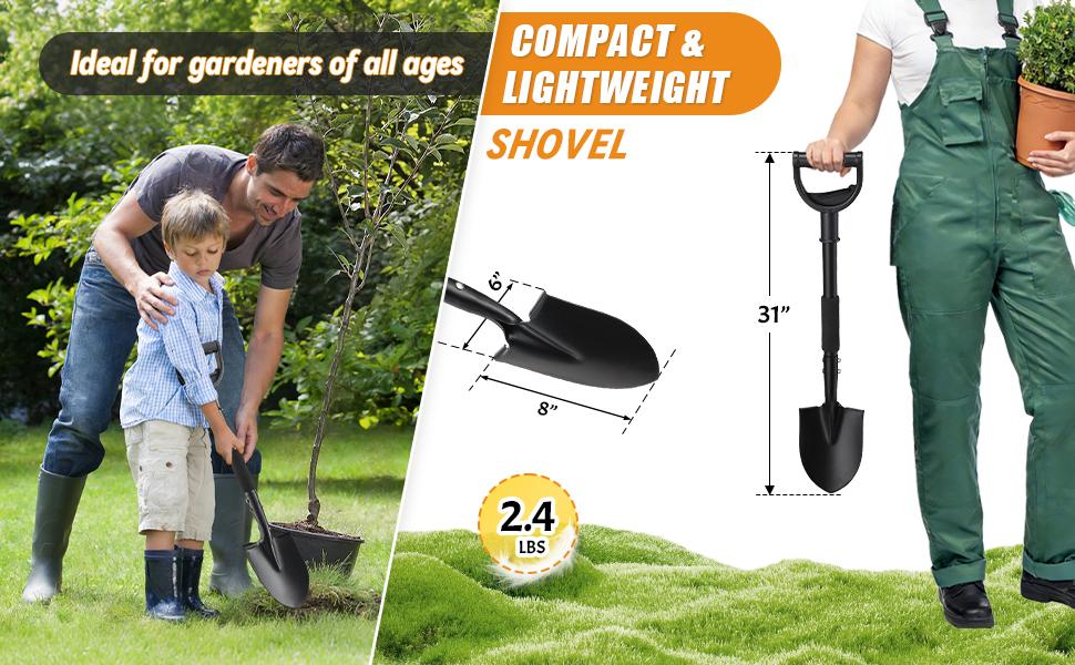 Garden Shovels for Digging, 31 Inch Small Shovel, Heavy Duty Metal Digging Shovel with D-Handle Grip, Short Kids Shovels for Digging, Mini Spade Shovel for Gardening, Camping, Beach, Car, Snow Removal