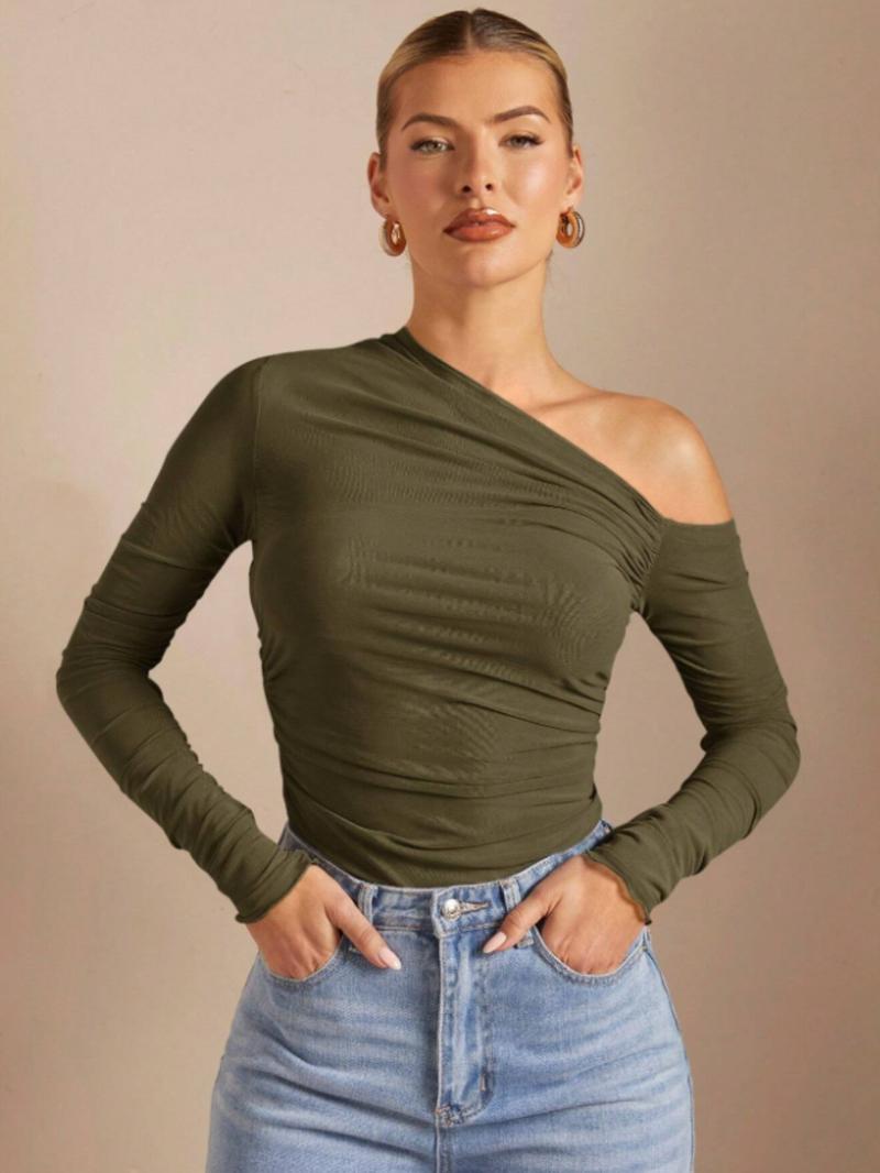 Women's Plain One Shoulder Tee, Trendy Casual Long Sleeve T-shirt for Daily Wear, Ladies Summer Outfit