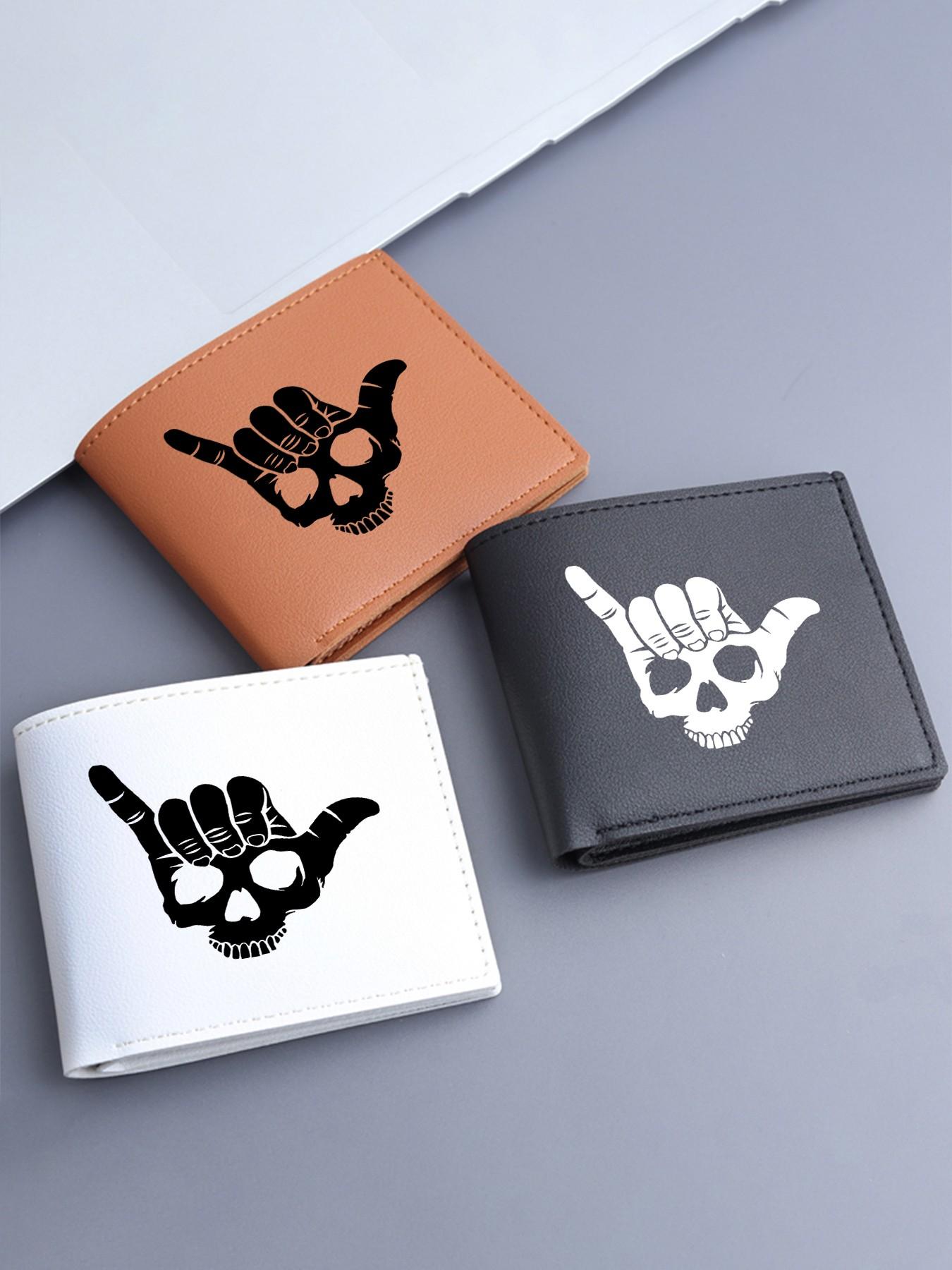 Unisex Skull Shaka Hand Print Bifold Wallet, PU Leather Multiple Card Slots Purse, Casual Everyday Carry Wallet for Men Women, Ideal Gift for Surfers  Trendsetters