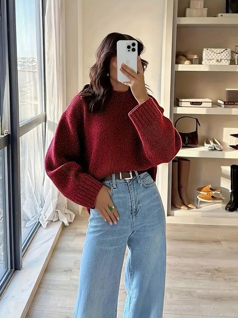 Women's Vintage Knit Sweater, Fall Winter New Round Neck Loose Fit Casual Soft Comfortable Top, Elegant High-End Slimming Design
