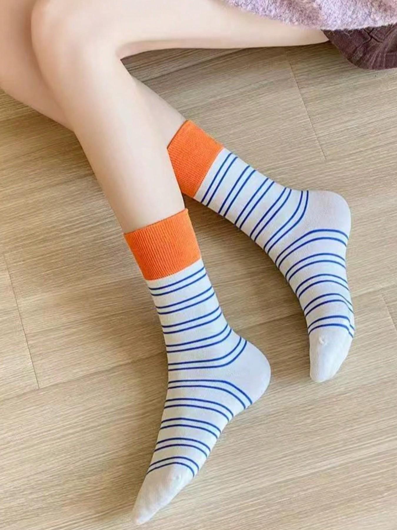 Women's 6 Pairs Colorblock Striped Crew Socks, Casual Fitted Design, Soft Comfortable Daily Wear, Perfect for All Seasons