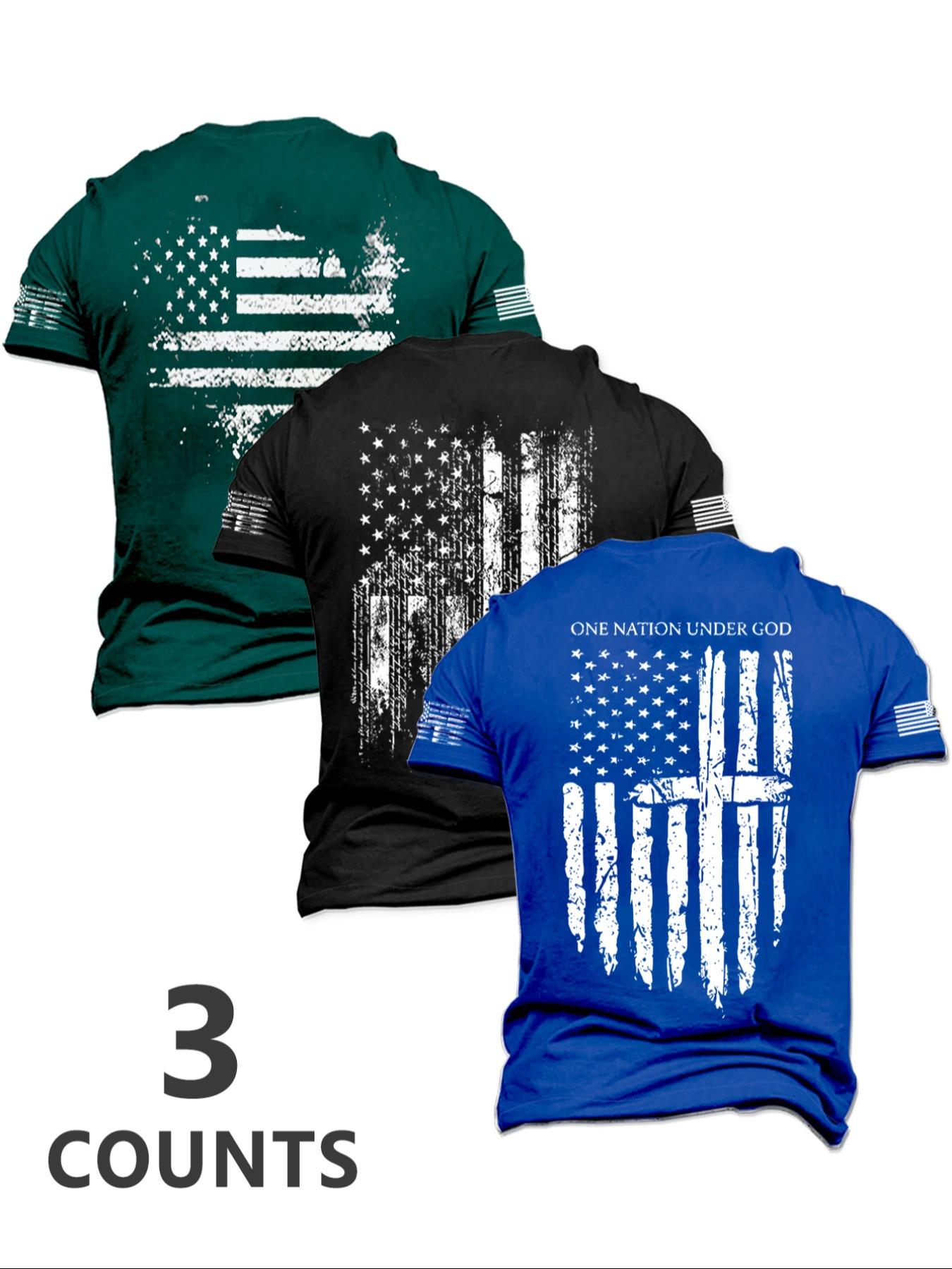 Men's American Flag Print Athletic Letter Print Short Sleeve Tee, Regular Fit Casual Comfy Round Neck T-shirt for Summer, Men's Top for Daily Wear