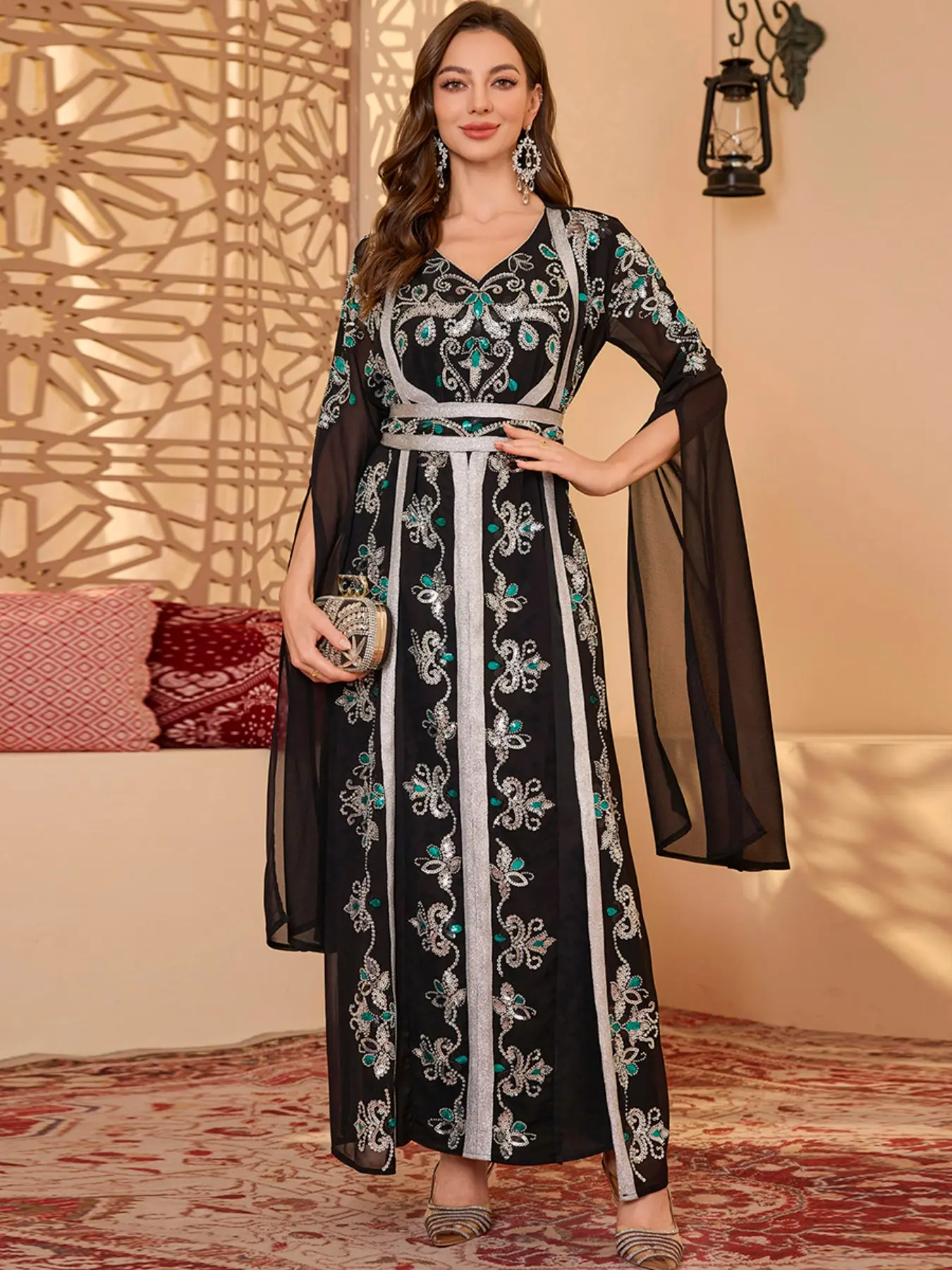 Luxurious Rhinestone Embroidered Arab Robe, Sheer Flutter Sleeve Dubai Dress, Muslim Wedding Evening Gown, Elegant Maxi Dress, Muslim Dresses