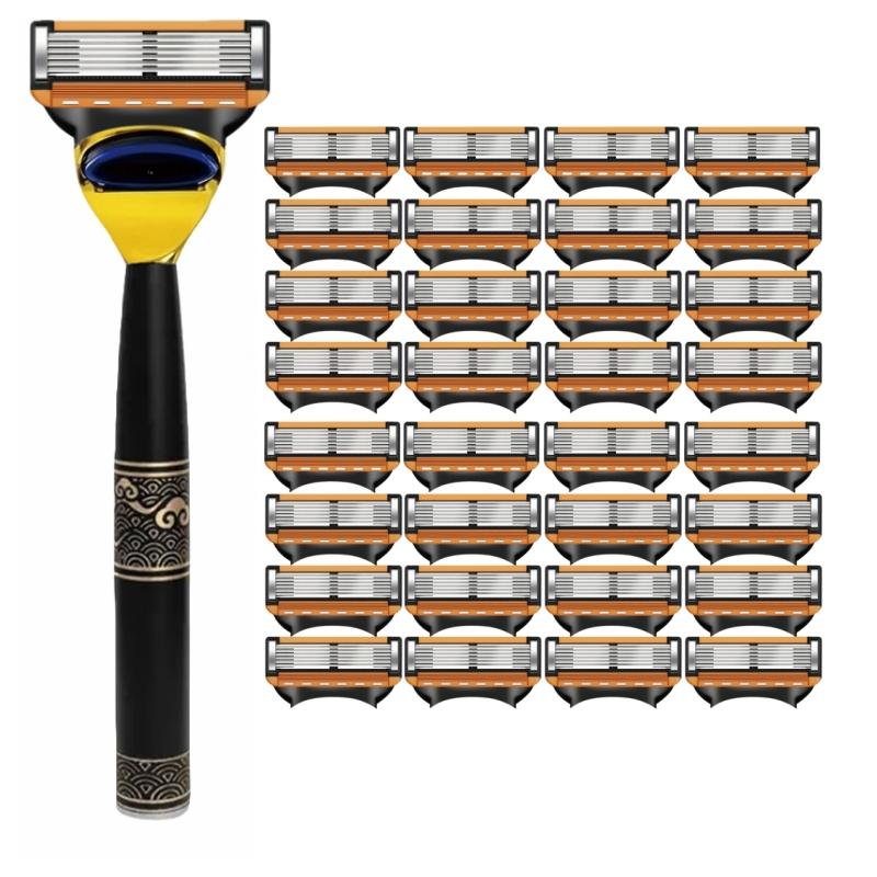 Men's Manual Shaving Razor Set, 1 Handle with 8-32 Replacement Blades, Six Layer Stainless Steel Safety Razor, Shaving Tool