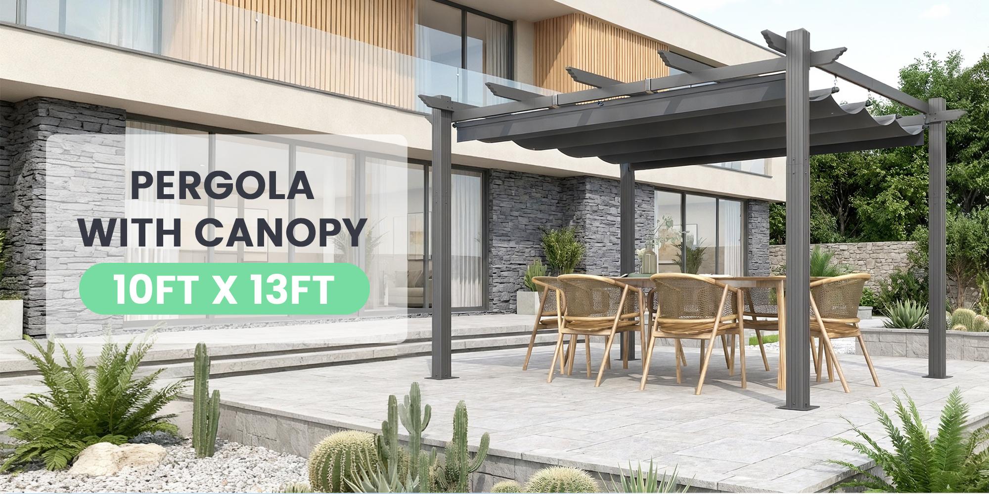 10' x 13' Outdoor Pergola with Retractable Canopy, Heavy-Duty Metal Frame and Adjustable Patio Shade Roof, Gray/Khaki