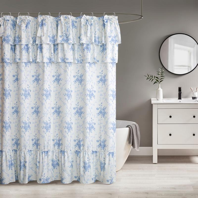 Floral Pattern Ruffle Shower Curtain Handcrafted Big Bow Tie Bath Curtain for Master Bathroom With 12 Hooks Shower Curtain For Bathrooms Waterproof Quick Drying Machine Washable Home Bathroom Decor Shower Curtain Sets for Bathroom