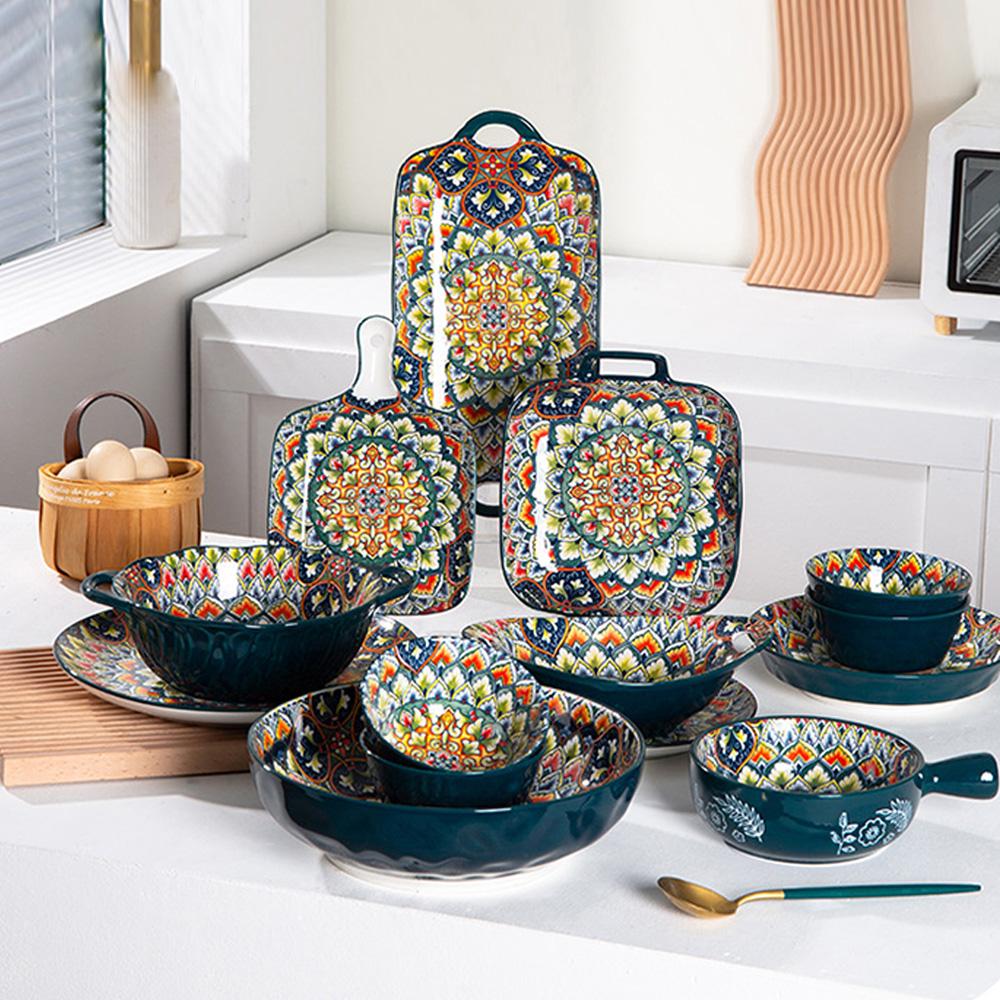 4-Piece Bohemian Ceramic Tableware Set, Hand-Drawn Ethnic Style Bowls and Plates, Creative Home Dining Essentials, Ceramic Dinnerware Sets, Non-Bone China