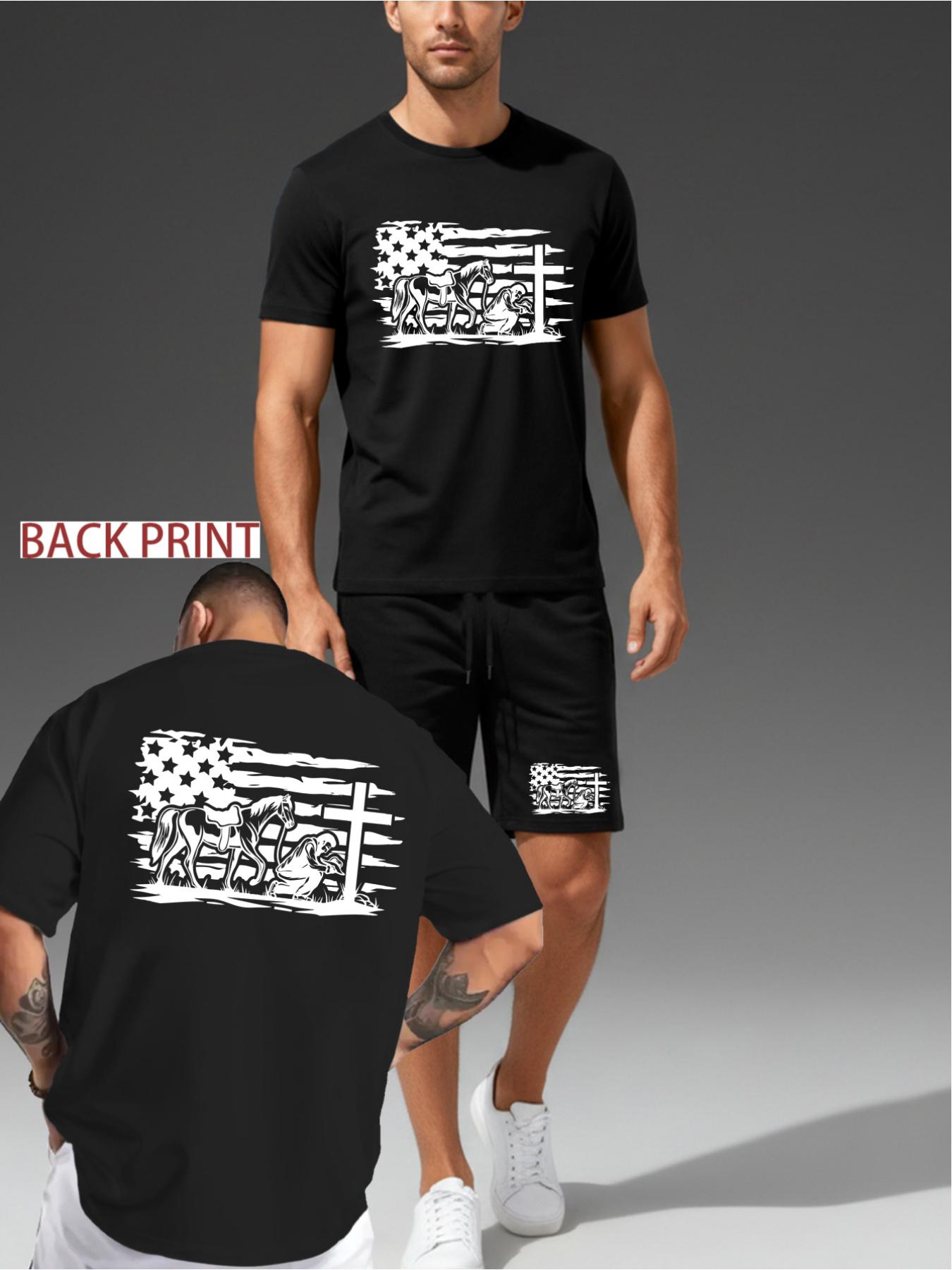 Retro Cowboy Prayer Theme Set with American Flag Elements, Front and Rear Printed Casual Short Sleeves+Shorts