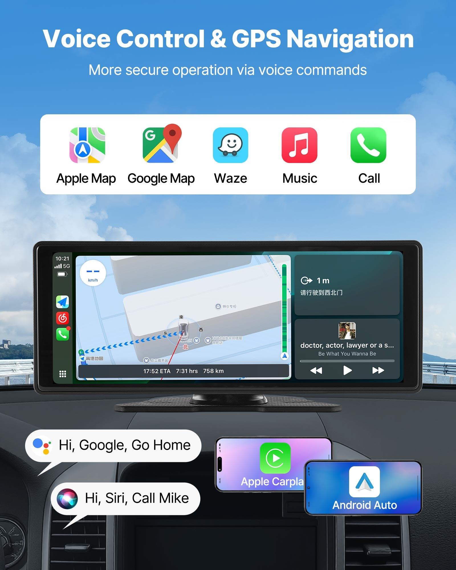 fathersdaygift  VEVOR Wireless Car Stereo, 10-Inch HD Portable Radio Touch Screen with Apple CarPlay and Android Auto, CarPlay Screen with Front Backup Cameras, Voice Control, Mirror Link, Bluetooth, GPS Navigation