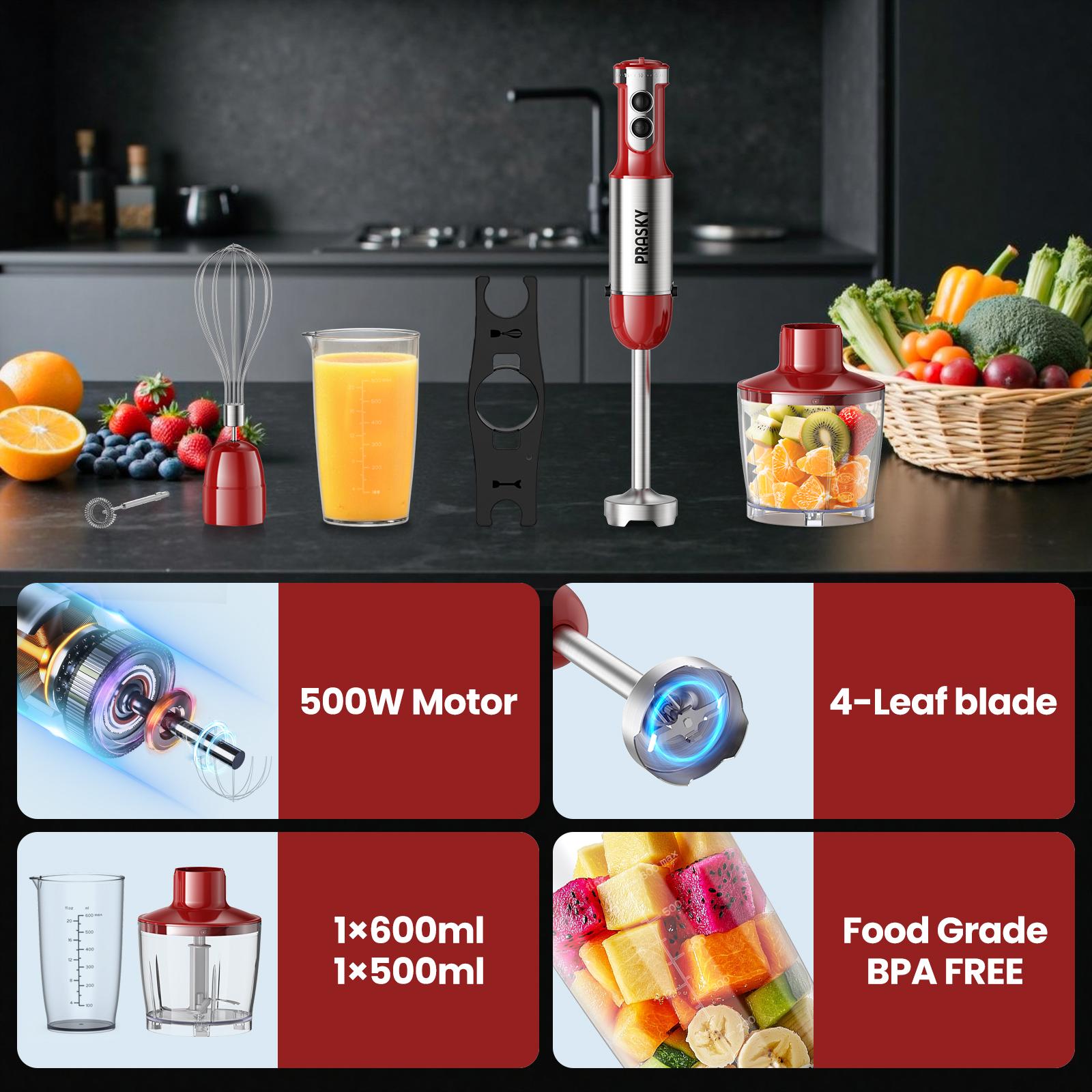 Prasky Electric Hand Blender,  Immersion 20 Adjustable Speed& 5 in 1 Hander Blender, 800ml Mixing Beaker, 600ml Chopper, Powerful and Sharp 4-leaf blades,Whisk and Milk Frother Household Appliances Multifunction Durable