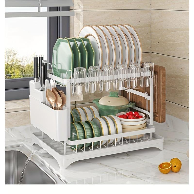 Double drain rack, kitchen countertop dish rack, kitchen accessories with drain tray and cutlery rack