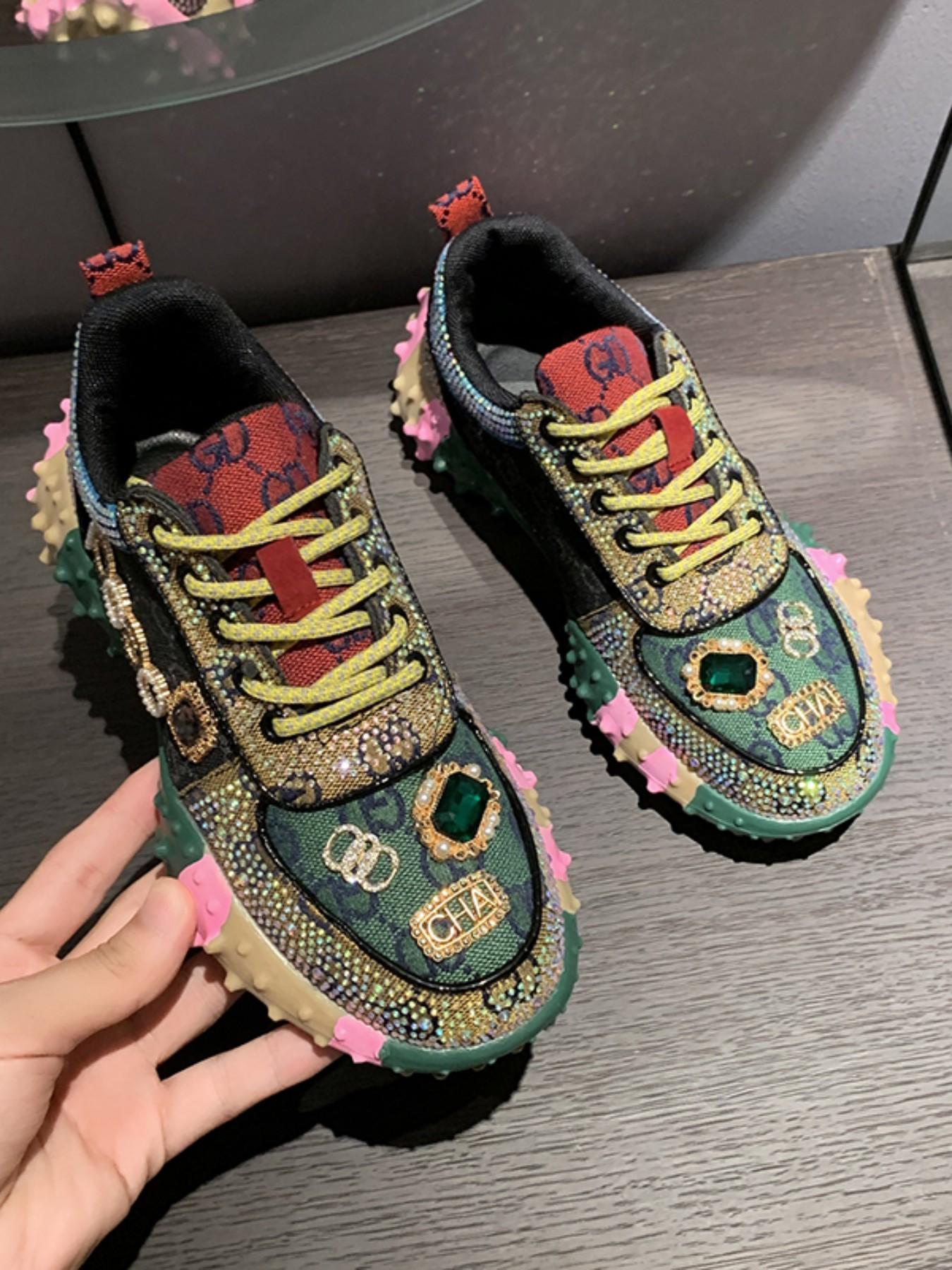 Women's Thick Sole Height Increasing Dad Shoes, Handmade Embellished Fashion Luxury Casual Women's Shoes, Unique Design Comfortable Sneakers