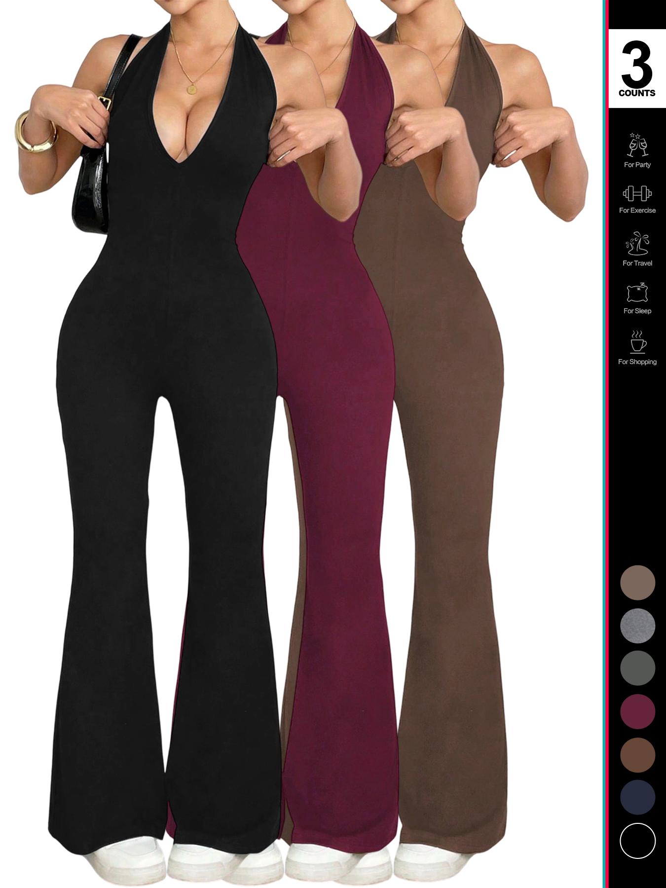 2026 Women's Sexy Halter V Neck Jumpsuit, Sleeveless Backless Design, Fitted Flare Leg Romper, Casual Style for All Seasons