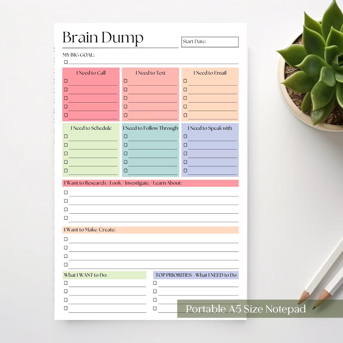A5 Brain Dump Notebook, 50 Pages Daily To-Do List Planner, Focus Concentration, Improve Efficiency, Reduce Stress, Essential Organizer