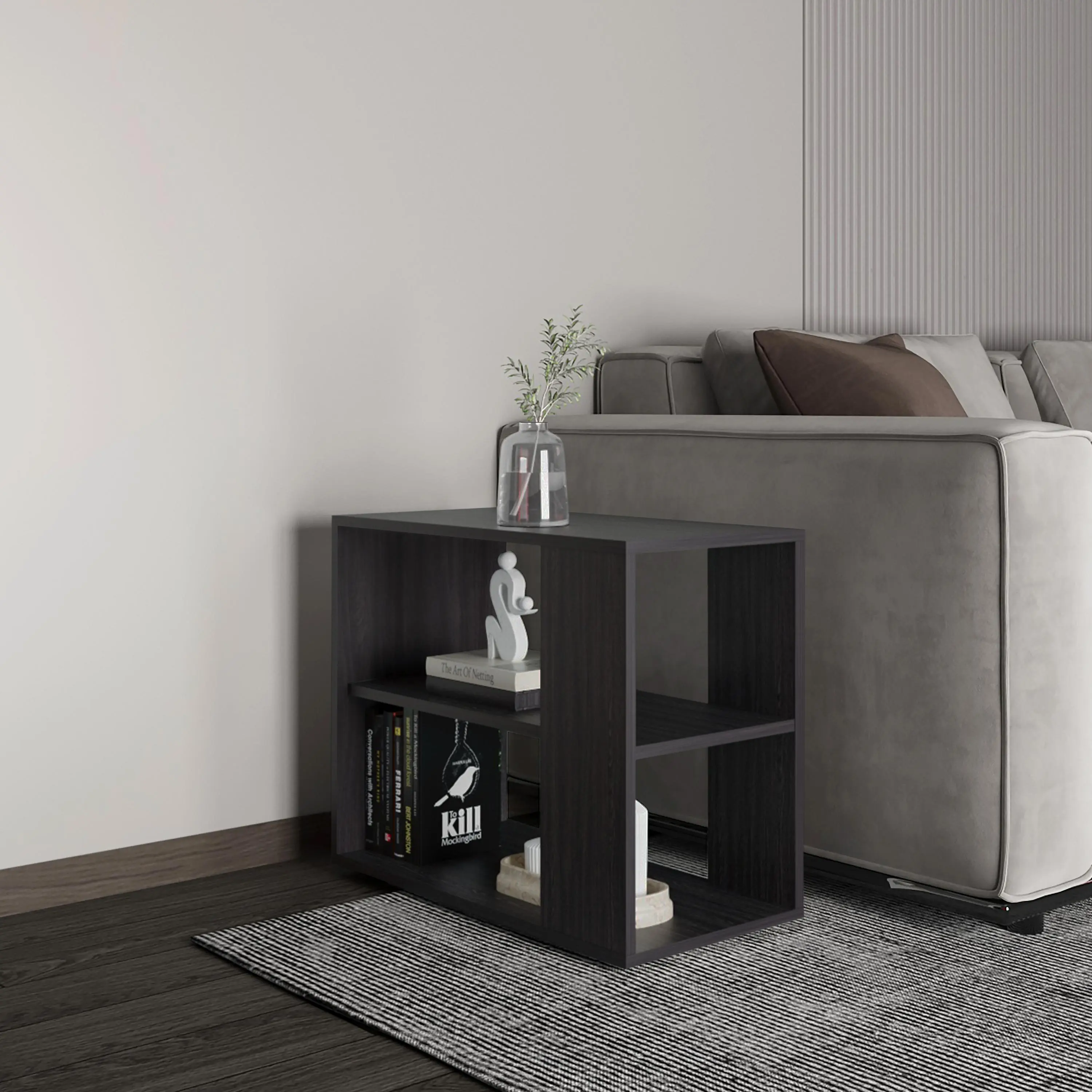 Black Sideboard Table with 4 Legs and 2 Open Shelves, Engineered Wood Console and Sofa Table for Living Room, Entryway, or Small Space, 23.6 x 11.8 x 19.7 in