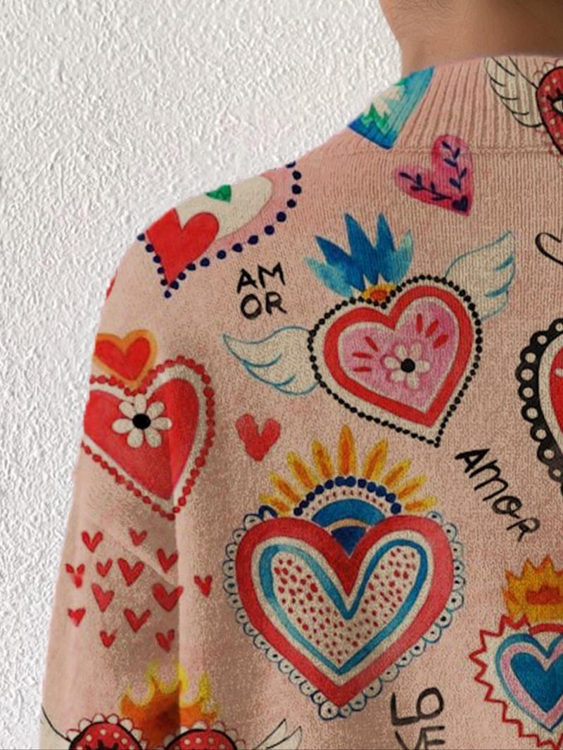 Women's Knitted Sweater, Cartoon Heart Print Design, Casual & Elegant Style, Perfect for Daily Wear, Holiday, Valentine Gift Idea