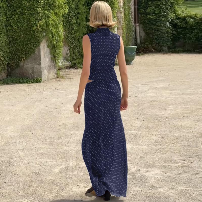 Women Summer Sleeveless Tank Top Long Skirt Polka Dot Mesh Two Piece Set Outfit