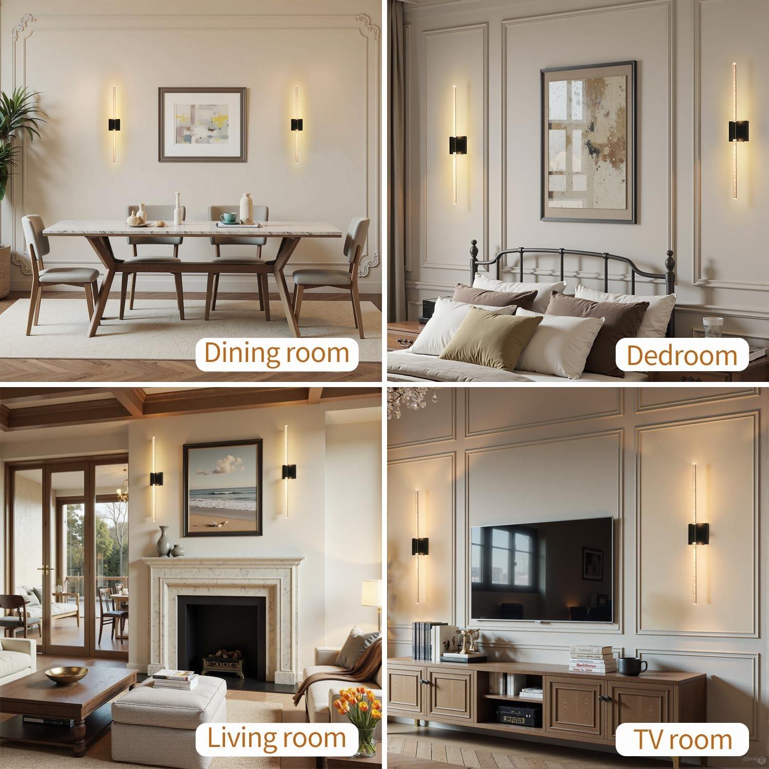 Set of 2 LED Wall Sconces, Black and Gold / 80cm Modern Rectangular Crystal Wall Sconces - Rechargeable with Remote Control - Dimmable - Ideal for living room accent walls, hotel corridors, hallways, and home interiors