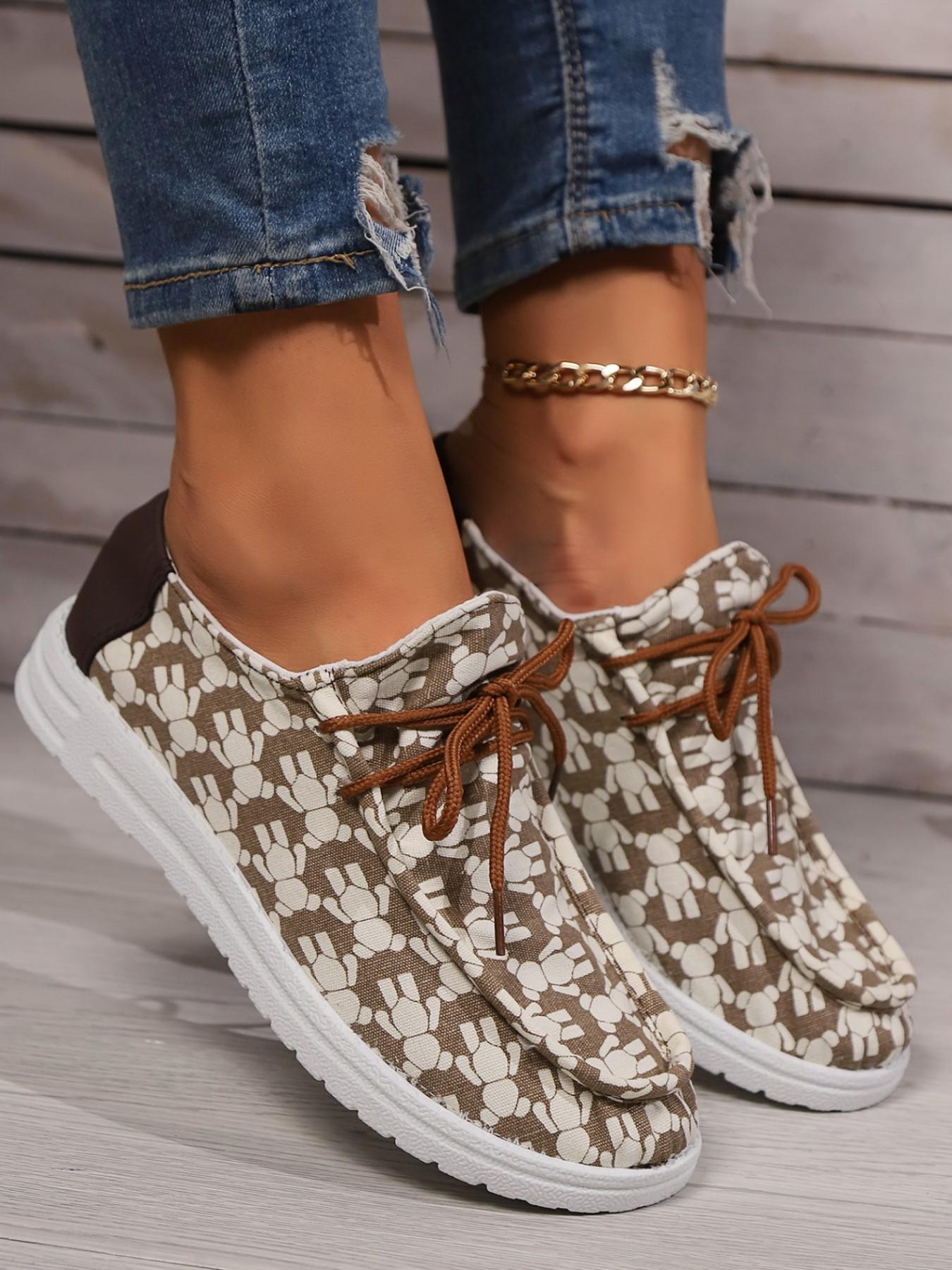 Printed Lace-Up Casual Shoes, Slip-On Loafers, Versatile Commuter Women's Shoes, Comfortable and Stylish Footwear for Daily Wear