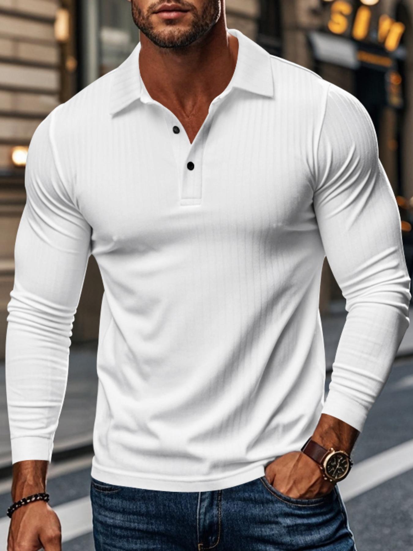 Men's Ribbed Texture Long Sleeve Polo Shirt, Comfortable Fit for Daily Wear, Stylish Design Suitable for Work & Leisure