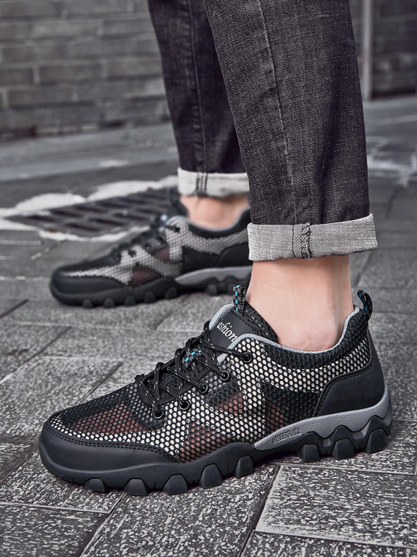 Men's Solid Color Mesh Breathable Outdoor Hiking Shoes Lace-up Closed-toe Trekking Shoes Non-slip Wear-resistant Casual Sneakers