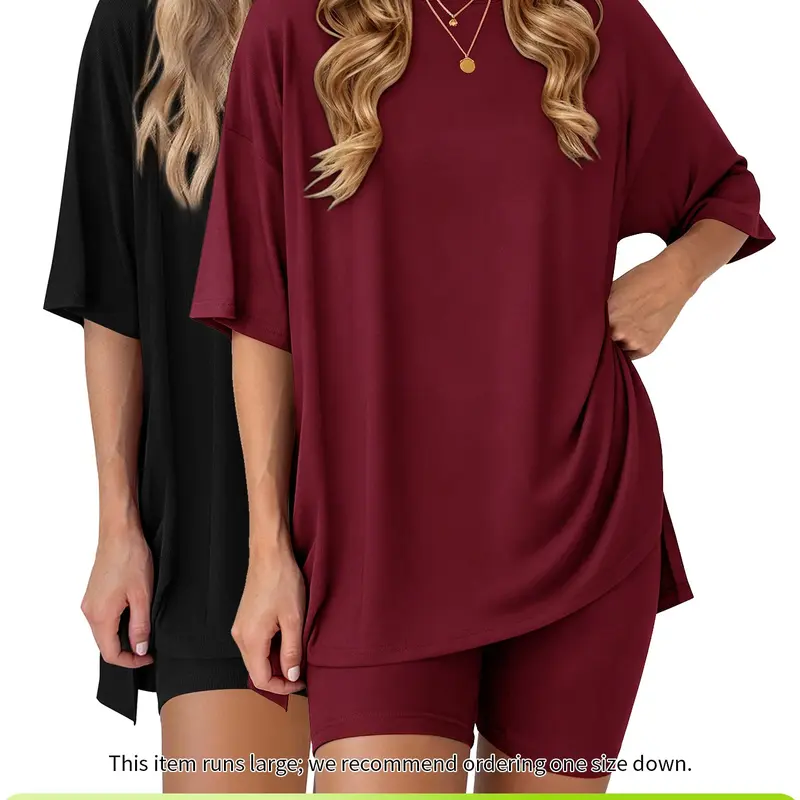 Women's Solid Color Tee & Skinny Shorts Loungewear Set, Casual Comfy Round Neck T-shirt & Shorts PJ Set, Pajamas, Loungewear Nightwear, Ladies Sleepwear for Summer, Soft Lounge Sets, Breathable, Lightweight