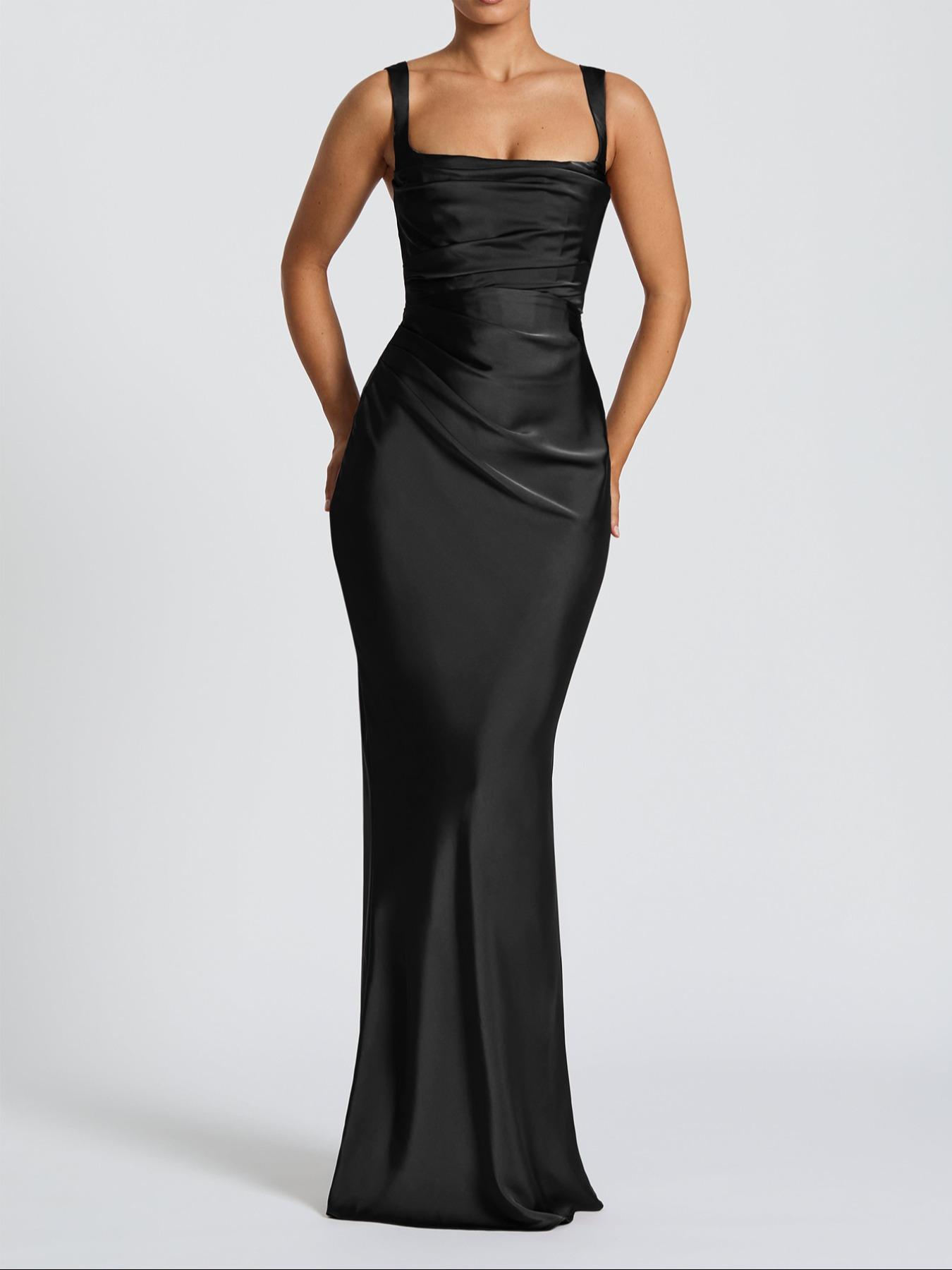 Pure Color Satin Adjustable Square Neck Sleeveless Dress, Elegant Evening Gown with Waist Cinching and Back Tie, Slim-Fitting Long Dress