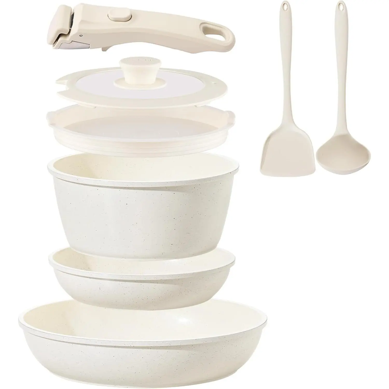 Ceramic Cookware Set Non Stick 8 count Pots and Pans Set Detachable Handle Induction Kitchen Cooking Set with Frying Pans Oven Dishwasher Safe, /, Cream White