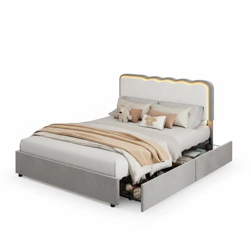 LED Upholstered Bed Frame for Kids - Queen Size Platform with Adjustable Double Wave Headboard, 2 Storage Drawers, Velvet Fabric, Sturdy Metal & Wood Support, Modern Princess Style, No Box Spring Needed