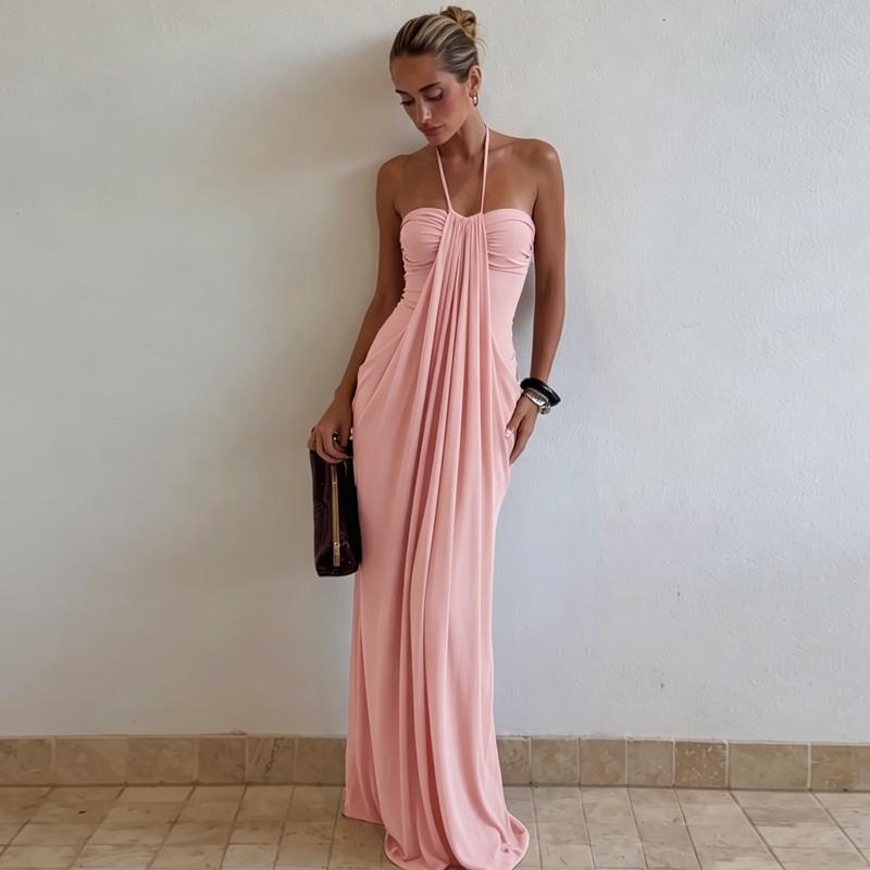 Women's Solid Color Ruched Bodycon Halter Neck Dress, Sexy Sleeveless Strapless Backless Slim Fit Tube Dress, Party Club Date Gown Dress, Elegant Slim Fitting, Casual Daily Maxi Dresses For Ladies Summer