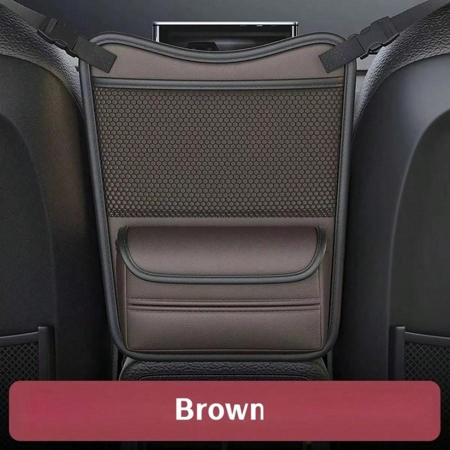 Car Organizer Storage Between Seats, PU Leather Front Seat Storage Bag with Tissue Holder, Automotive Console Hanging Net Pocket Handbag Holder for Phone Document