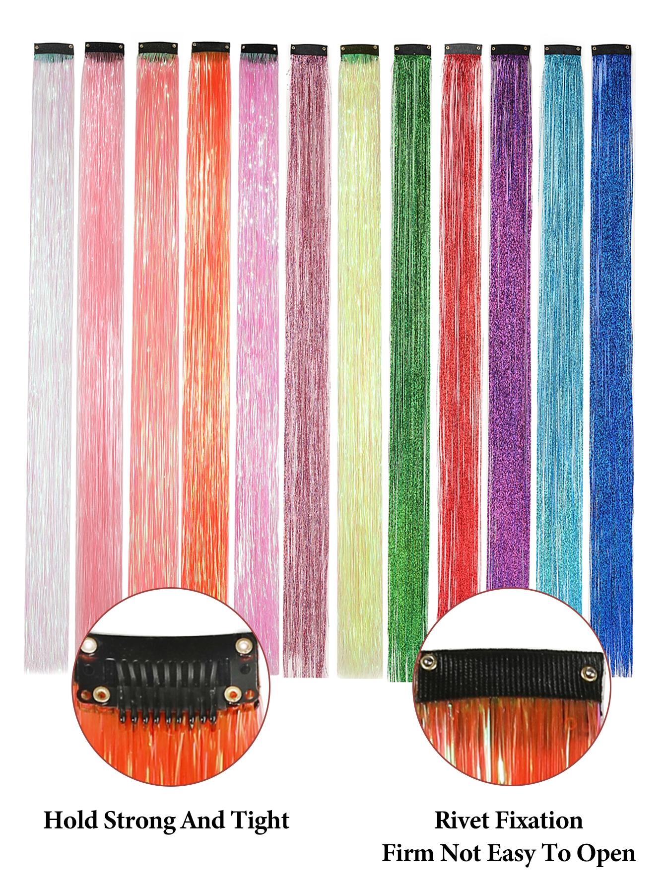 Clip in Hair Tinsel Synthetic 22 Inch Colorfull Tinsel Hair Extensions 12Pcs/Pack for Women Girls Party Christmas New Year Gift Synthetic Soft Hairpieces