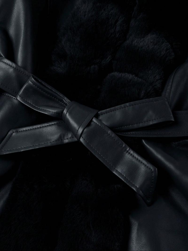 Women's Fall Winter PU Jacket, Long Sleeve Fitted Coat with Hood, Casual Warm Daily Wear, Detachable Belt Included