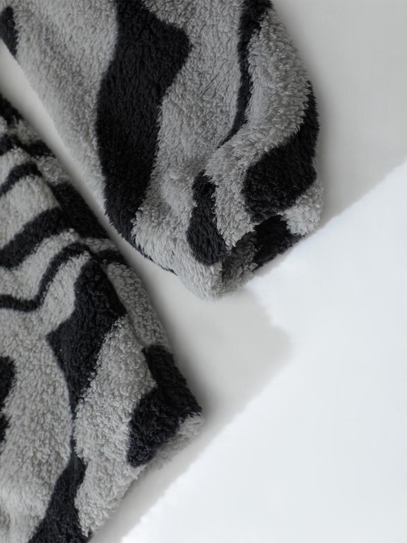 Men's Loose Tribal Pattern Fleece Jacket, Warm Thick Lamb Fur Coat, Camo Print, High Neck Full Zip Outerwear, Winter Street Style