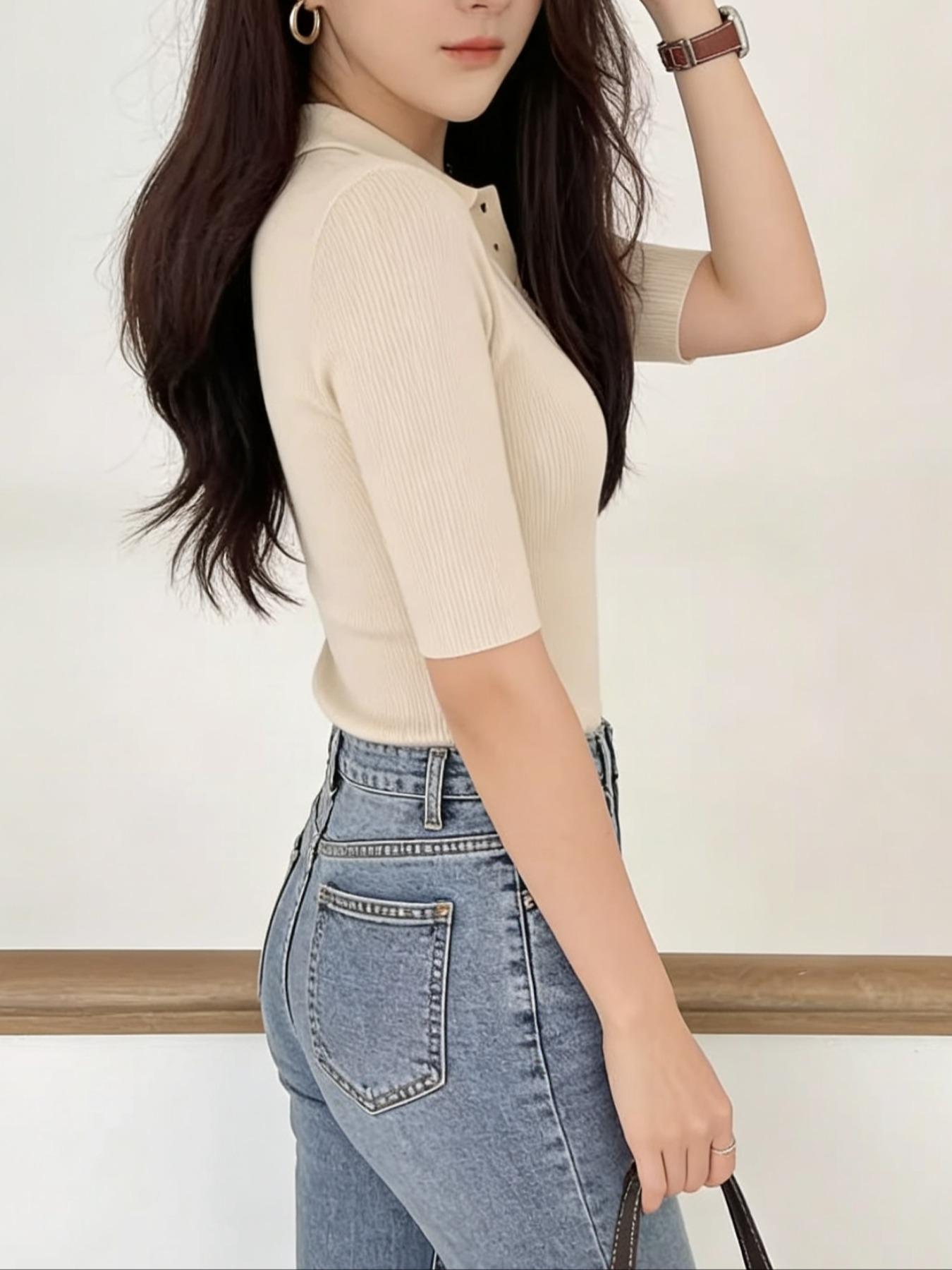 Women's High Stretch Shirt, Solid Color Short Sleeve Button Neck Top, Casual Regular Fit, All Season Essential, Daily Fashion, Spring Women's High Stretch Shirt, Solid Color Short Sleeve Button Neck Top, Casual Regular Fit, All Season Essential, Daily Fashion, Spring