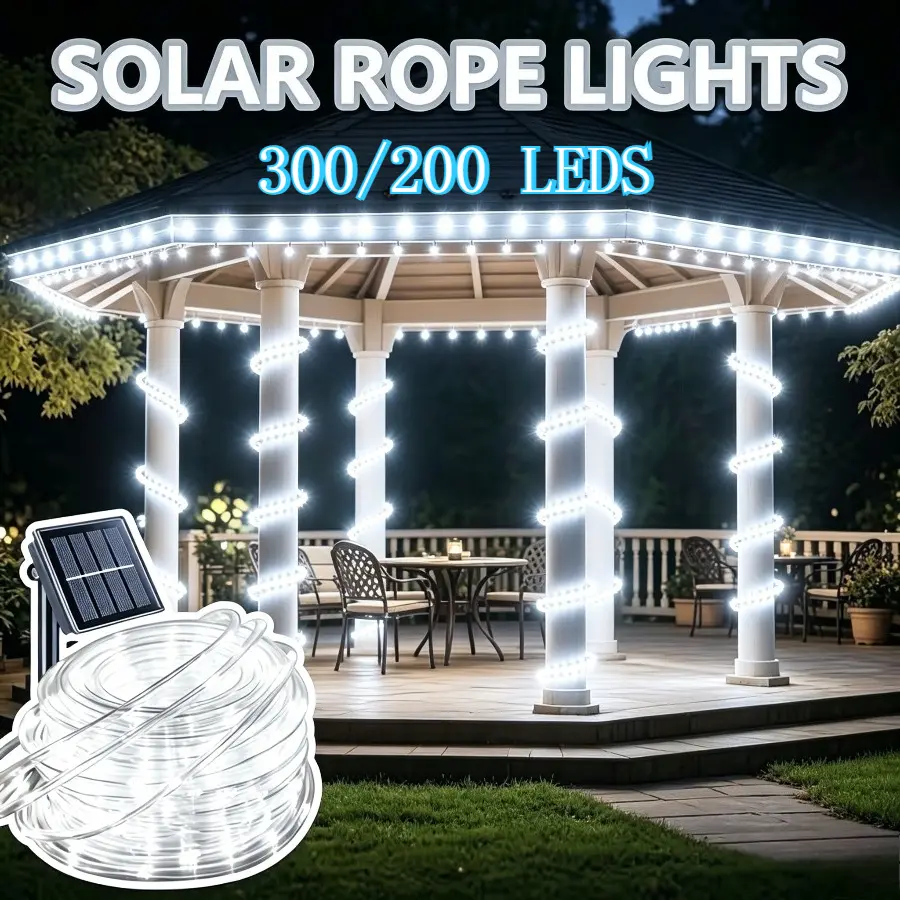 Solar Powered Waterproof LED Rope Lights, 300/200 LEDs Outdoor String Light for Patio Garden Gazebo Halloween Christmas Party Decor