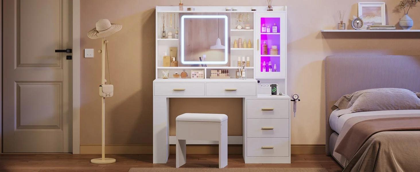Makeup Vanity Desk with Sliding LED Lighted Mirror White