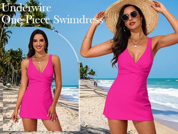 Hilor Women's Underwire One Piece Swimsuits Twist Front V-Neck Swimdress Flowy Tummy Control Skirted Bathing Suit Swim Dress