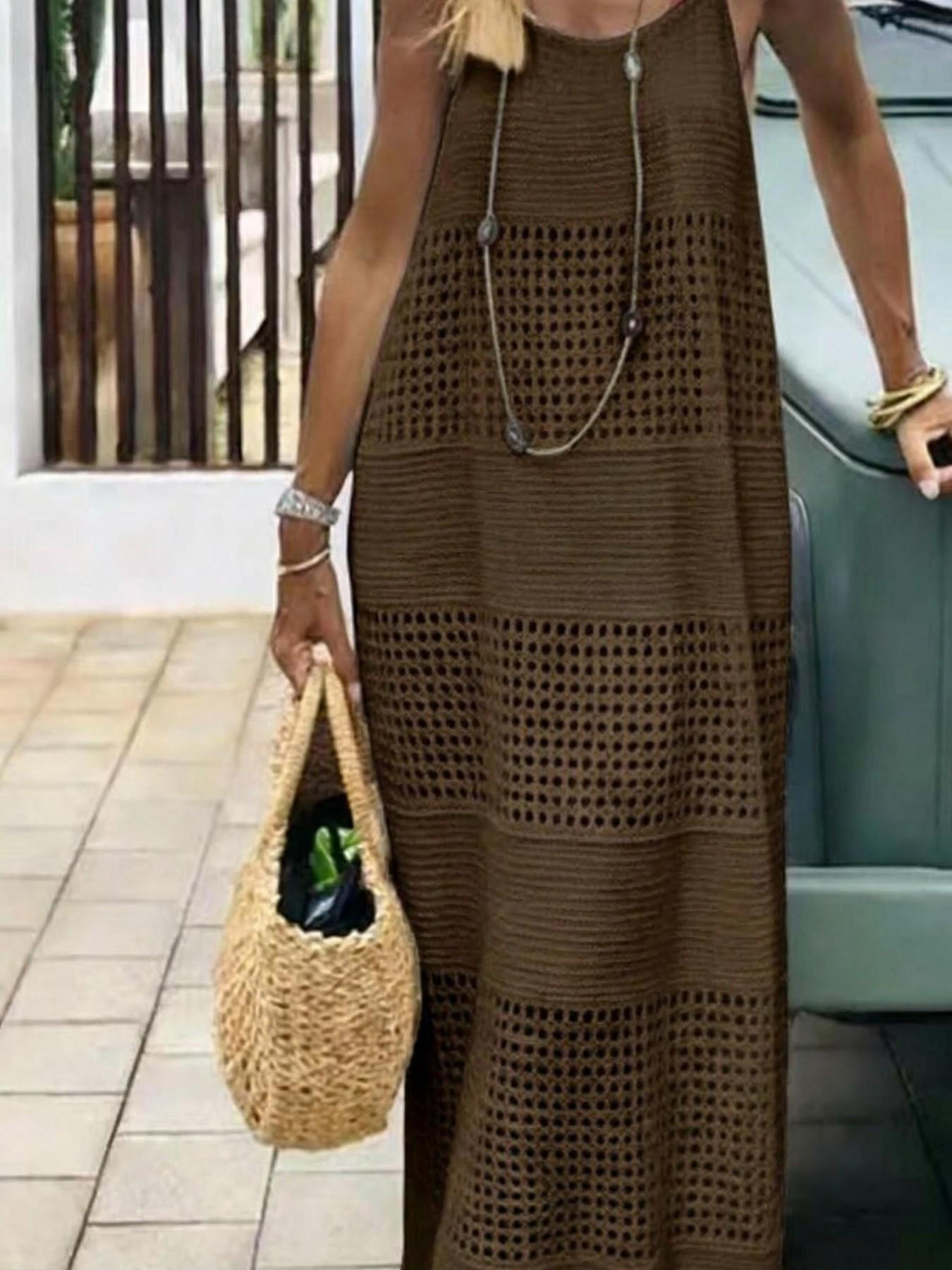 Women's Hollow Backless Vest Top, Lace-Up Design, Casual Knitted Long Dress Sweater, Pure Color, Spring, Fashionable and Comfortable