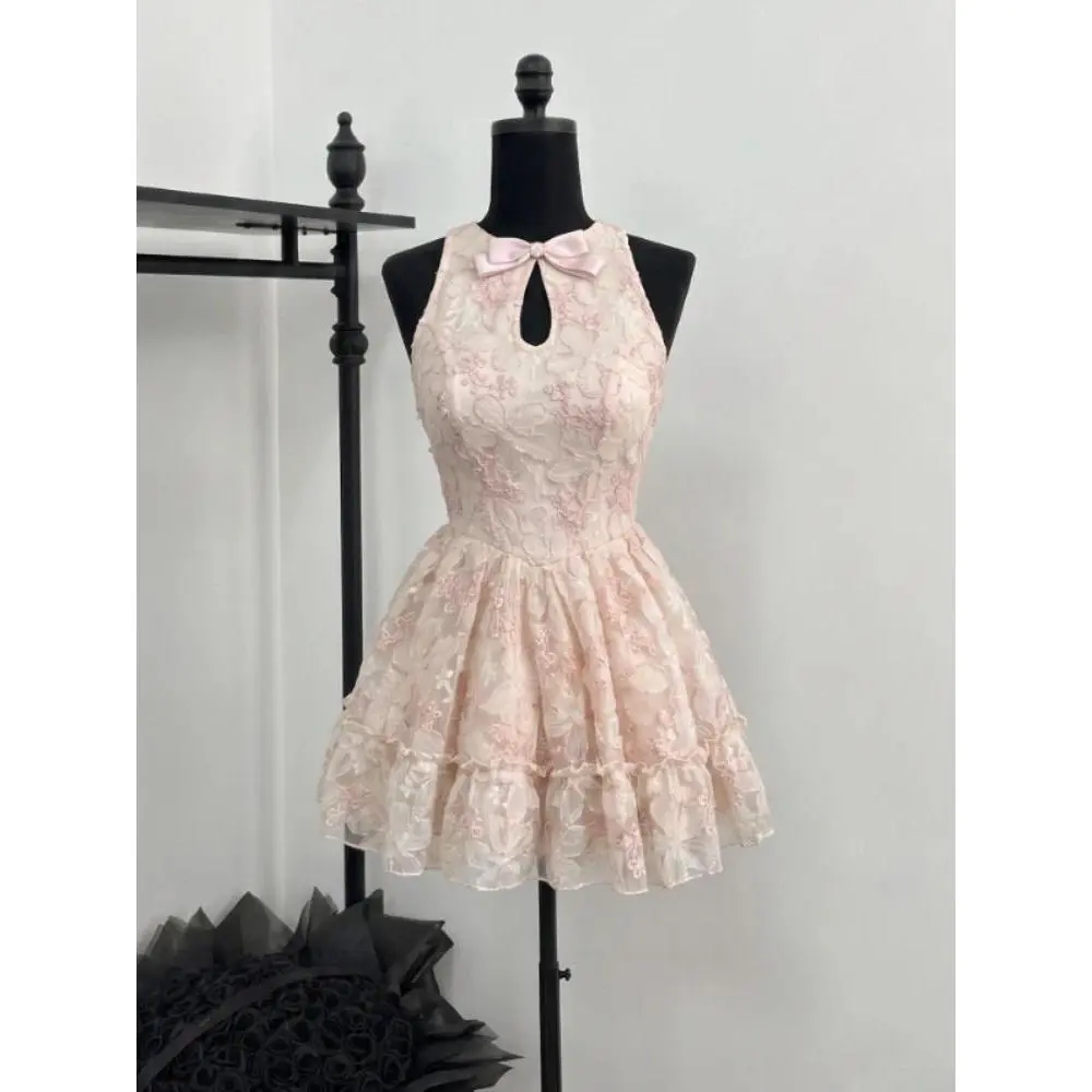 French Coquette Lace Embroidery Bow Halter Neck Mini Dress Women Slim Fit Ruched Puffy Tulle Party Elegant Sweet Date Outfits
