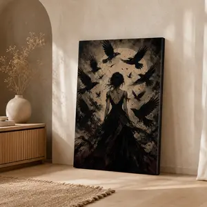Moody Gothic Woman with Ravens Vertical Canvas Wall Art, Dark Fantasy Poster, Home Decor for Living Room Bedroom Study, Available as Unframed Canvas Poster or Framed Canvas Wrap