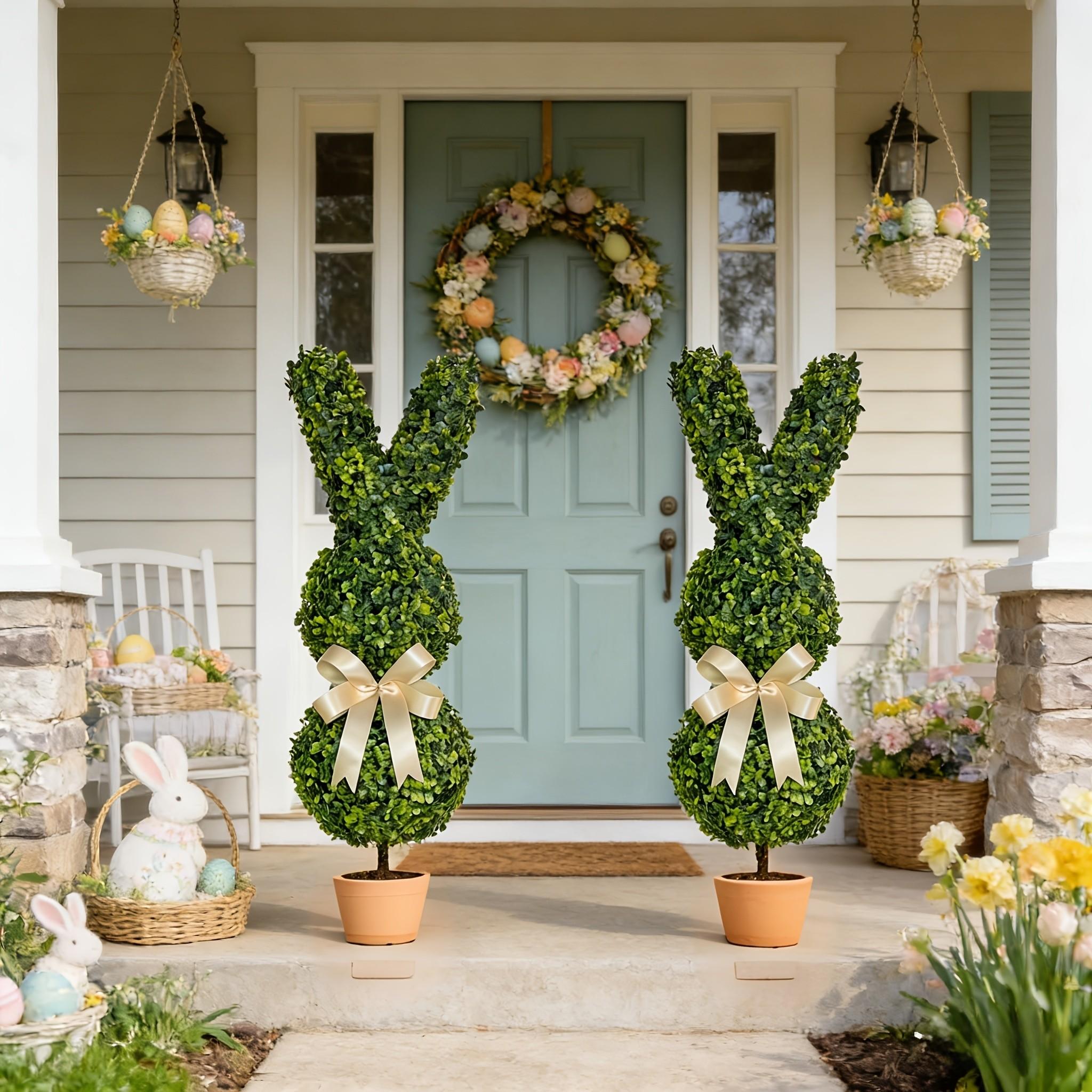 Artificial Easter Bunny Shaped Plastic Pruned Tree, Cute Rabbit Top Plant, Boxed Potted Plant for Home Garden Festive Decoration, Fake Indoor Plants