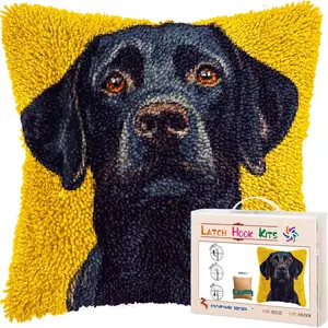DIY Latch Hook Pillow Kits for Adults Cartoon Black Labrador Dog Printed Pillowcase Crochet Yarn Handmade Pillow Cover for Home Sofa Decoration 17x17inch